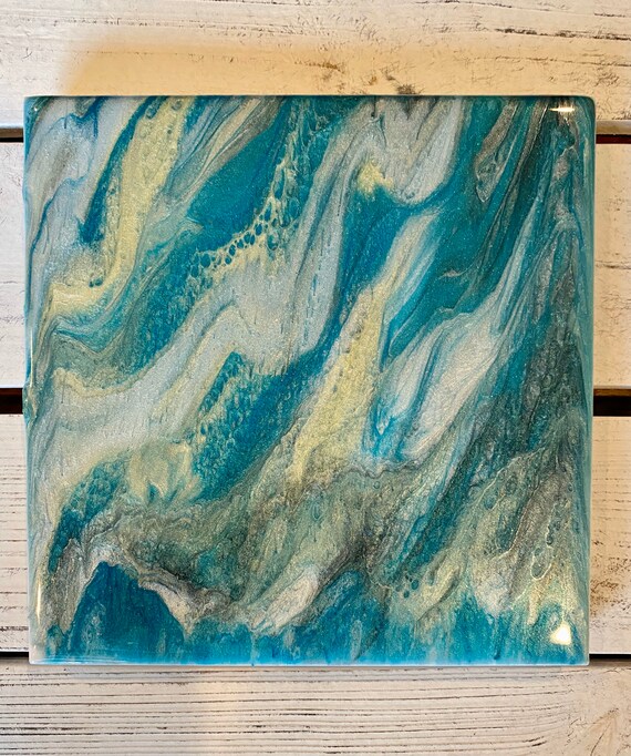 Handmade 6 inch Trivet Resin Epoxy Ceramic Metallic Blue Silver Tile Coaster Artisan Made Gift Home Decoration