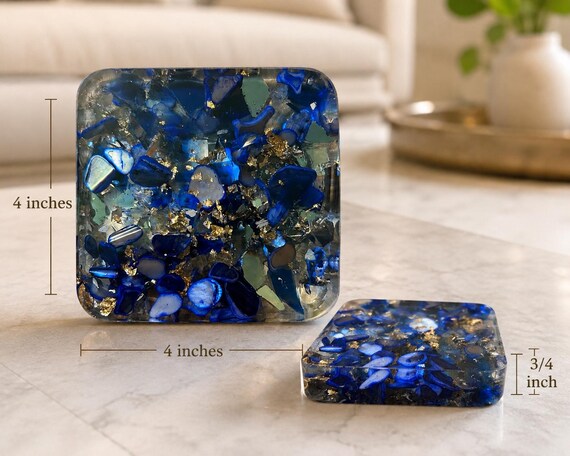 Handmade Blue Resin Coaster with Glass & Gold Leaf | 4” Square Art Coaster | One of a Kind Coffee Table Decor | Housewarming Gift #1