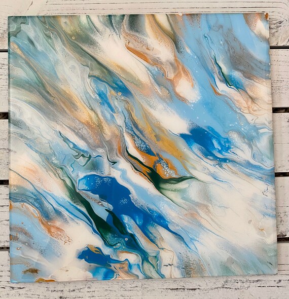 12 inch Square Plate Platter Centerpiece Resin Gold Silver Ocean Blue Waves UNIQUE Handmade Painted Artisan Made