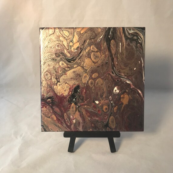 Earthtones Gold Handmade Painting Ceramic Tile Coaster Trivet Painted Artisan Made Gift Idea