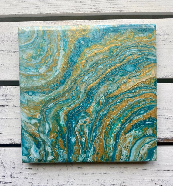 Handmade 6 inch Trivet Resin Epoxy Ceramic Metallic Blue Gold Tile Coaster Artisan Made Gift Home Decoration