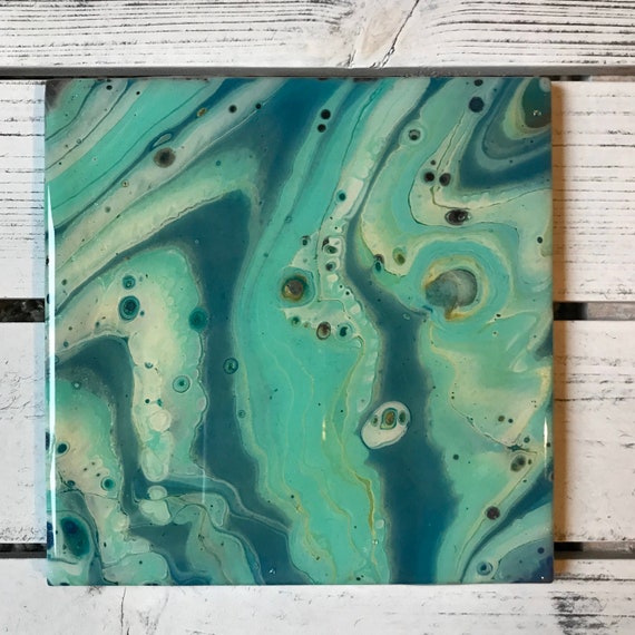 6 inch Trivet Ocean Green Blue Resin Handmade Abstract Tile Coaster Painted Artisan Made