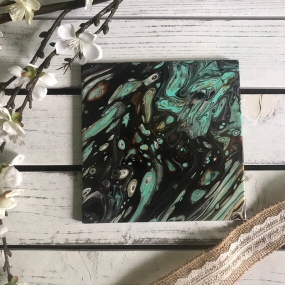 Sea Foam Green Gold Cream Handmade Ceramic Tile Drink Coaster Trivet Painted Artisan Made Home Decor