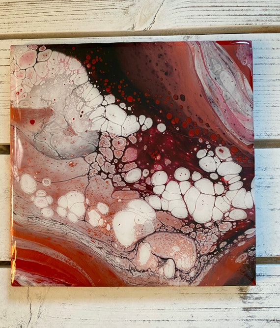 Red Wine White Space Handmade Ceramic Tile Coaster Trivet Painted Artisan Made