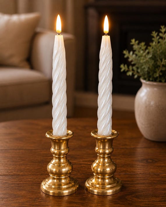 Set of 2 Hand-Painted LED Taper Candles | White Pearl Alcohol Ink 9.75" | 6-Hour Timer | Battery Operated | Home Décor | Gift Flamless