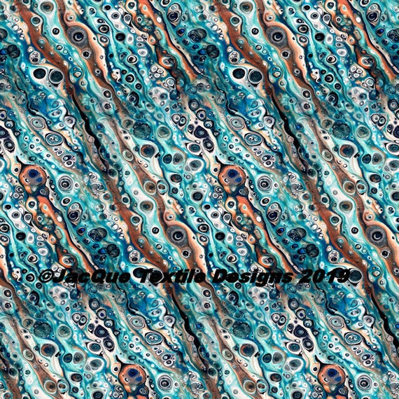 Painted Cells Blue Artisan Created Lycra Sport Knit Fabric Athletic Apparel Swimwear Swim Suit