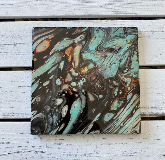 Trivet 6 inch Resin Mint Green Copper Handmade Tile Coaster Painted Artisan Made