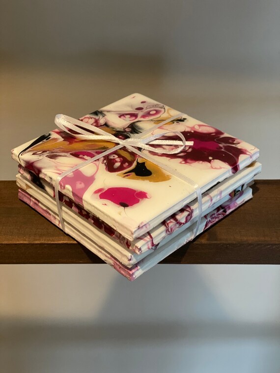 Coaster Set of 4 Burgundy Pink Fushia Handmade Ceramic Tile Painted Artisan Made Gift Idea