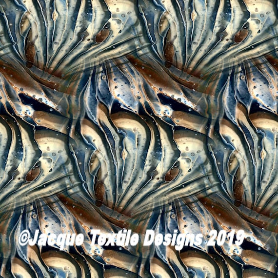 Brown Blue Waves Artist Created Satin Fabric Fiber Art Marble Fabric