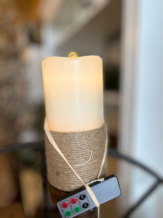 Wax Fountain Candle White with Jute Bottom with Light Runs on Water Soothing Fountain Sound Remote Timer