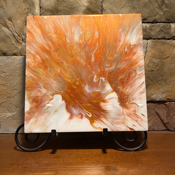 Plate Platter Centerpiece Resin Copper Gold White 12 Inch Square UNIQUE Handmade Painted Artisan Made