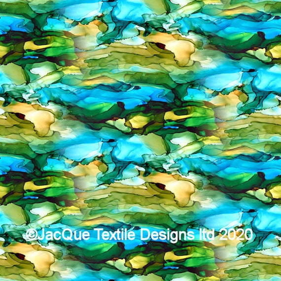 Blue Green Golden Watercolor Handmade Artisan Textile Art Velvet Upholstery Fabric