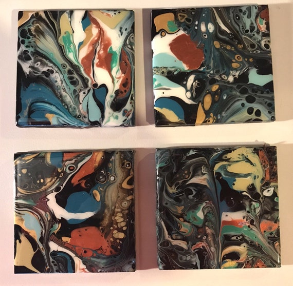 Coaster Set of 4 Blue Hand Painted Artisan Made Gift Idea Home Decoration