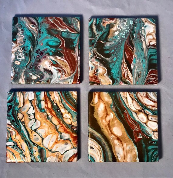 UNIQUE Rich Colors Turquoise Red Gold Ceramic Tile Coaster Set of 4 Painted Artisan Made Gift Idea Home Decoration