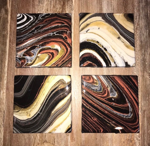 Free Shipping Ceramic Tile Coaster Set of 4 Painted Gold Copper White Black Artisan Made Gift Idea Home Decoration