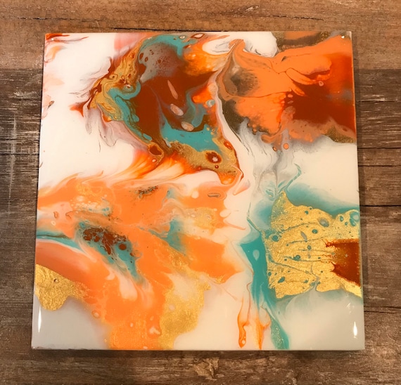 Trivet Bright Colorful Resin Handmade Ceramic Tile Coaster Painted Artisan Made