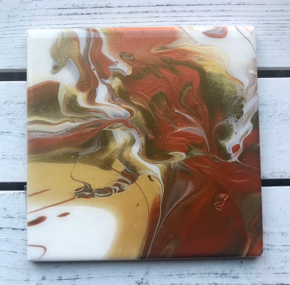 6 inch Trivet Gold Copper Bronze One of A Kind Resin Handmade Abstract Tile Coaster Painted Artisan Made
