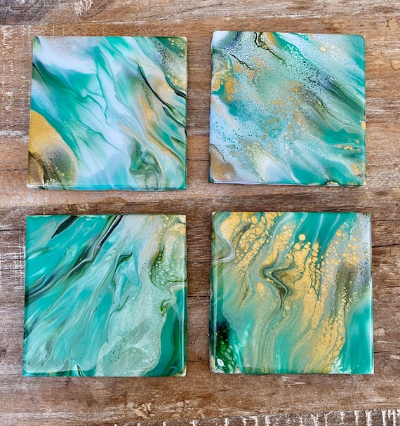 4.25 inch Green Gold Handmade Ceramic Tile Coaster Set of 4 Painted Copper Gold Artisan Made Gift Idea