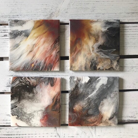 UNIQUE Rich Colors Rose Gold Copper Gold Ceramic Tile Coaster Set of 4 Painted Artisan Made Gift Idea Home Decoration