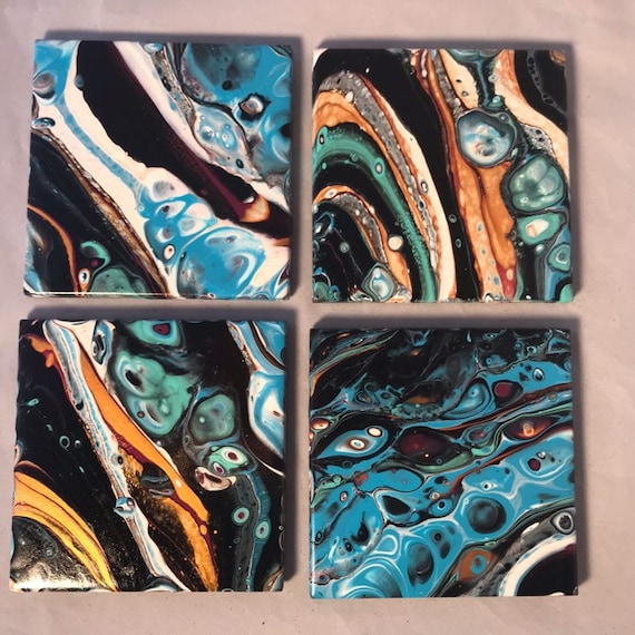 Painting One of a Kind Handmade Ceramic Tile Coaster Set of 4 Painted Turquoise Copper Black Artisan Made Gift Idea