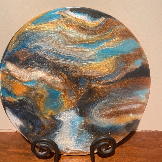 Charcuterie Board Handcrafted Wood Resin Metallic Gold Copper Turquoise Centerpiece Food Safe Gift