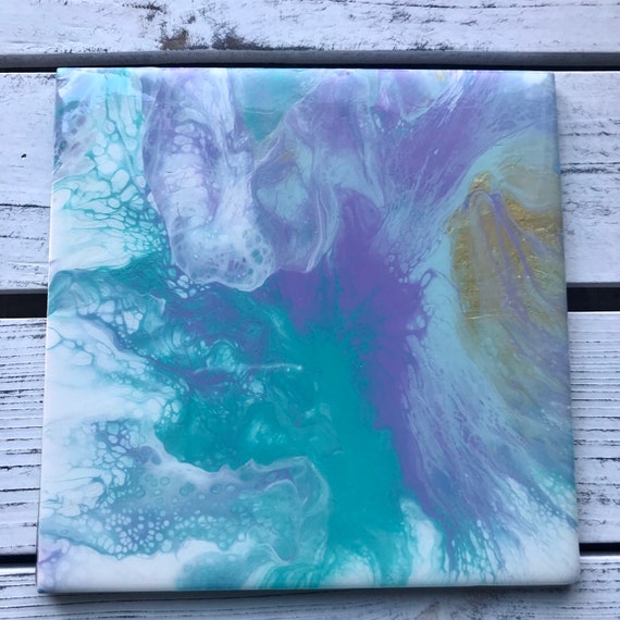 Art 6 inch Trivet Purple Gold Teal Green Resin Handmade Abstract Tile Coaster Painted Artisan Made