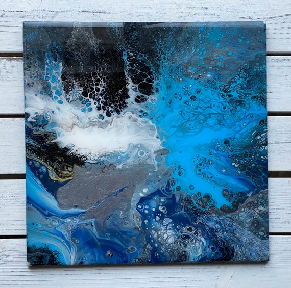 12 inch Square Plate Platter Centerpiece Resin Blue Black Silver Ocean Blue Waves UNIQUE Handmade Painted Artisan Made