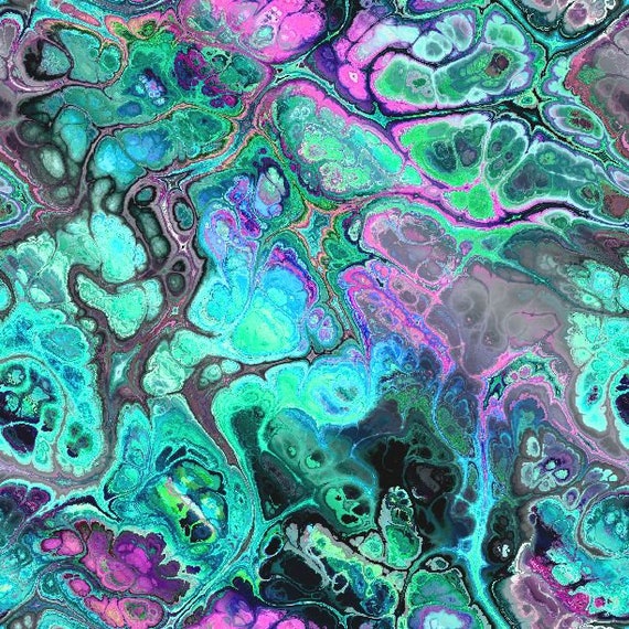 Marbled Elegance: Artist-Created Satin Fabric in Aqua, Blue, Turquoise, and Purple, Perfect for Abstract Fiber Art and Fashion.