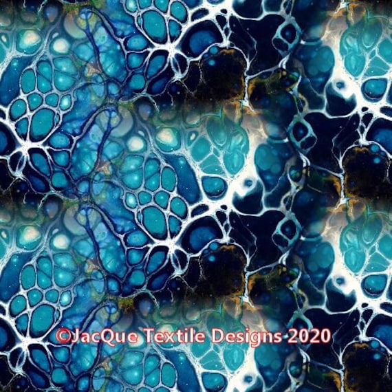 Blue Satin Fabric Handmade Textile Lightening Storm Artisan Fiber Art Marble