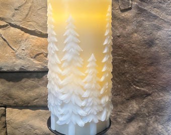 Fountain Candle Pine Tree Tan White  Embossed with Light Runs on Water Soothing Sound Remote Timer