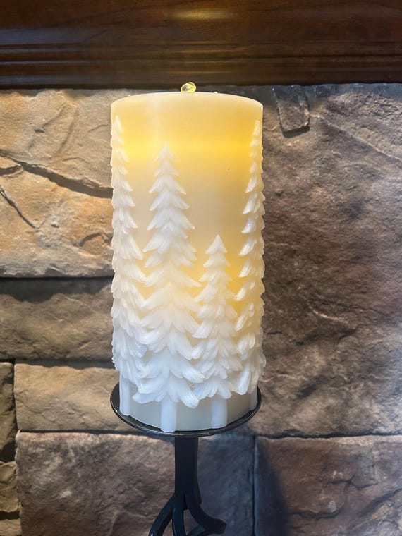 Fountain Candle Pine Tree Tan White Embossed with Light Runs on Water Soothing Sound Remote Timer