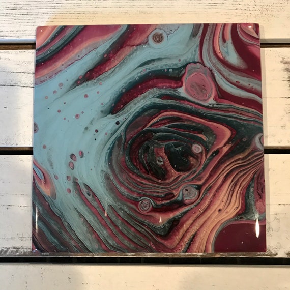 Trivet Blue Pink Resin Handmade Ceramic Tile Coaster Painted Artisan Made