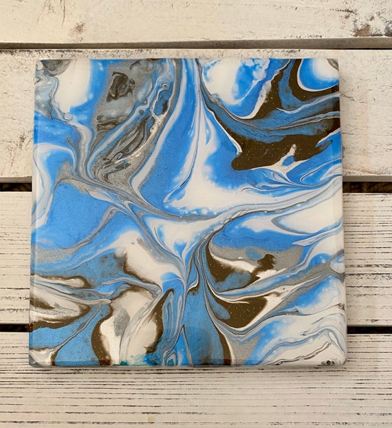 Handmade Coaster Trivet Beach Blue Silver Watercolor Handmade Ceramic Tile Painted Artisan Made
