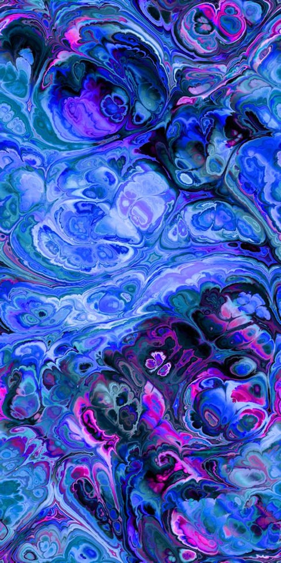 Artist Made Blue Purple Marble Abstract Kona Cotton Craft Quilting Textile Art Fabric Panel