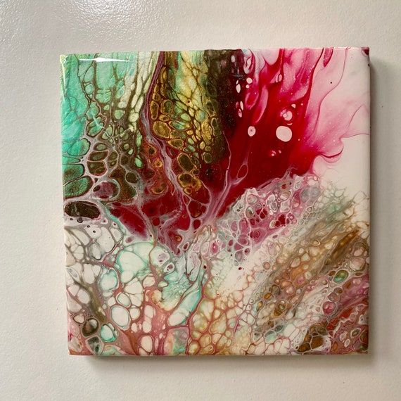 Red Green Gold Trivet Handmade Resin Epoxy Ceramic Tile Coaster Artisan Made Gift Home Decoration