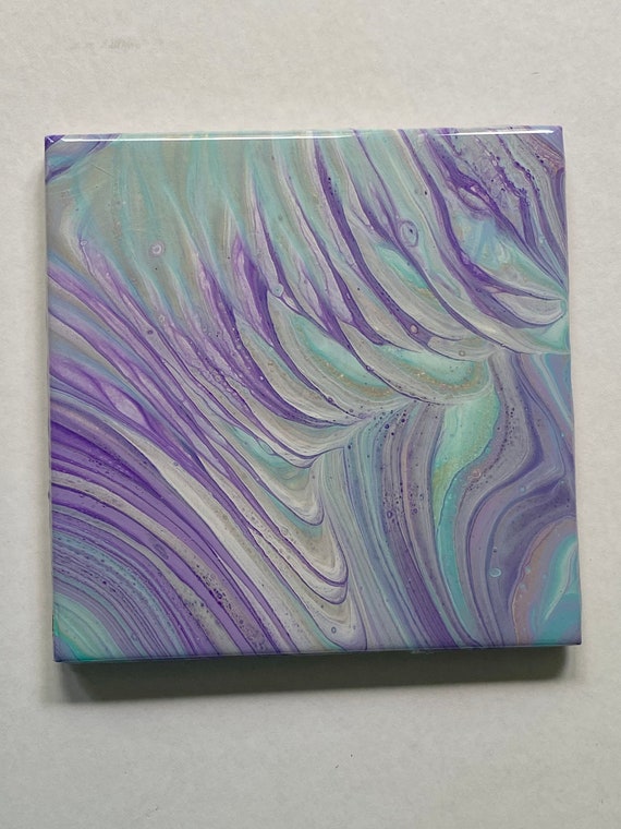 6 Inch Tile Trivet Coaster Waves Green Purple Waves Handmade Ceramic Painted Artisan Made