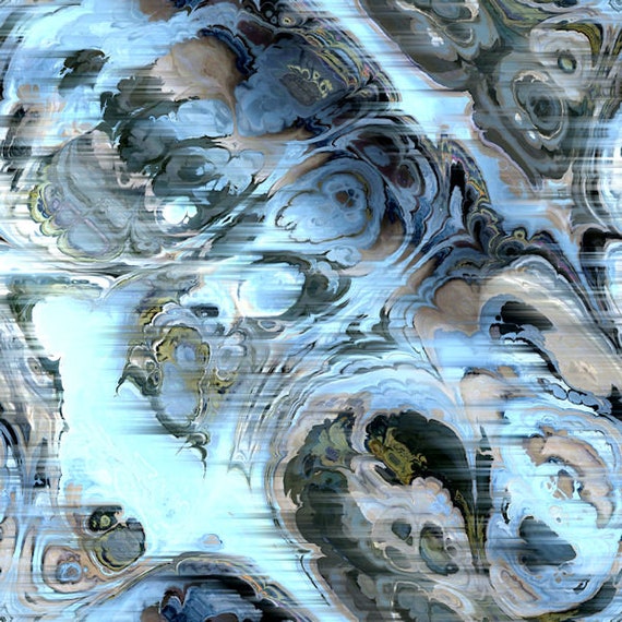 Hand Created Blue Slate Grey Agate Velvet Upholstery Fabric Fiber Art Modern Fabric