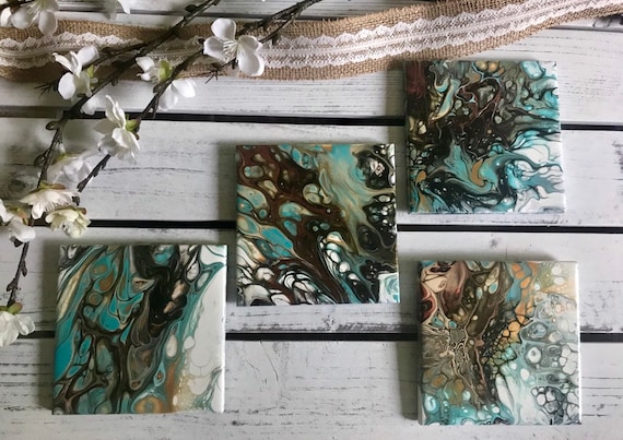 Hand Painted Art Gold Turquoise Handmade Ceramic Tile Coaster Set of 4 Painted Artisan Made Gift Idea Home Decoration
