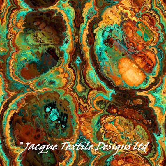 Agate Teal Rust Artist Handmade Lycra Knit Fabric By The Yard Athletic Apparel Swimwear Swim Suit