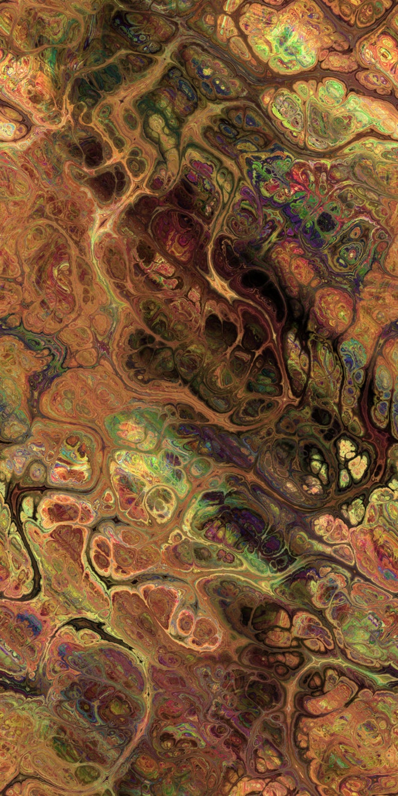 Pu&ograve; includere: Arte digitale astratta con un motivo organico a spirale. L'immagine presenta un mix di colori caldi, tra cui marroni, arancioni e verdi, con aree pi&ugrave; scure che creano profondit&agrave; e contrasto.