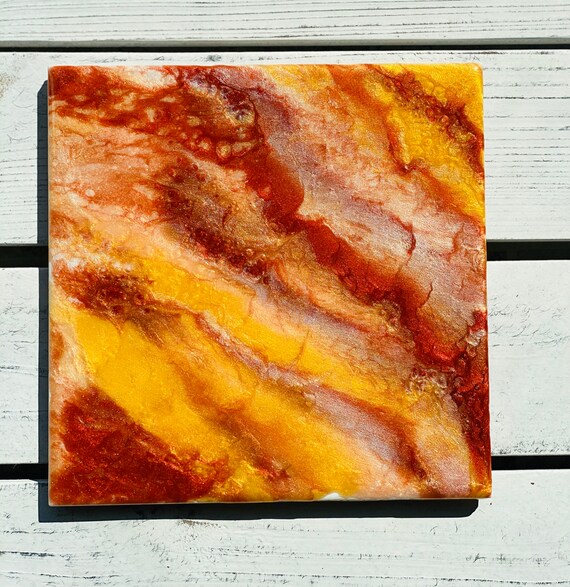 Tile Handmade Trivet Burgandy Yellow Gold Resin Epoxy Ceramic Tile Coaster Artisan Made Gift Home Decoration