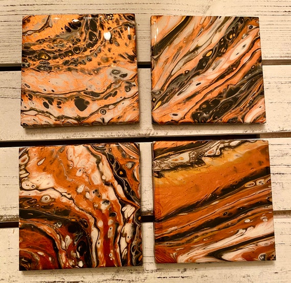 4 inch One of a Kind Handmade Ceramic Tile Coaster Set of 4 Painted Copper Gold Artisan Made Gift Idea