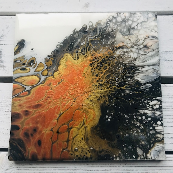 Trivet 6 inch Copper Gold Black ART Resin Handmade Ceramic Tile Coaster Painted Artisan Made
