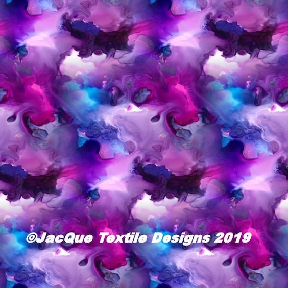 Purple Fushia Turquoise Clouds Artist Created Satin Fabric Fiber Art Marble Fabric Abstract Rich Fashion