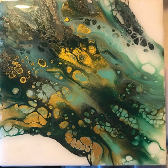 Handmade 6 Trivet Green Gold Black Exploitation Resin Epoxy Ceramic Tile Coaster Artisan Made Gift Home Decoration
