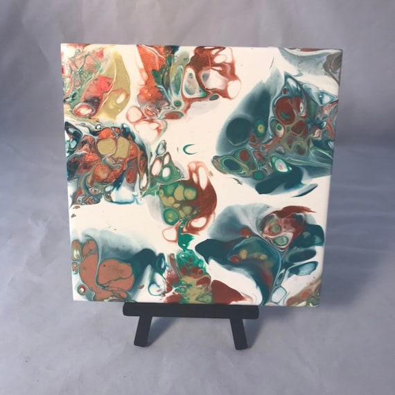 Gold Copper Green Abstract Handmade Ceramic Tile Coaster Trivet Painted Artisan Made