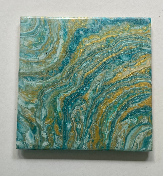 6 Inch Tile Trivet Coaster Blue Gold Handmade Ceramic Painted Resin