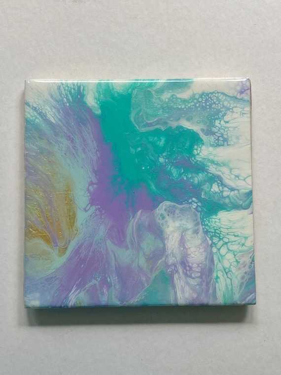 6 Inch Tile Trivet Coaster Green Purple White Waves Handmade Ceramic Painted Artisan Made