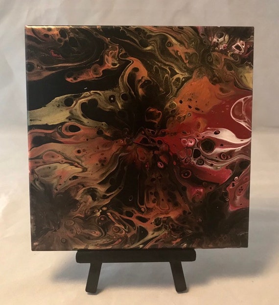 Abstract Red Black Gold Handmade Ceramic Tile Coaster Trivet Painted Artisan Made