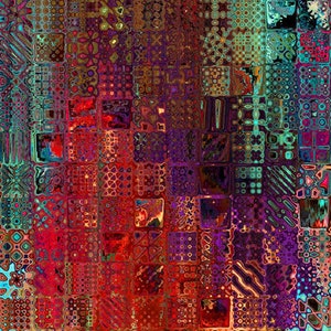 May include: Abstract digital art with a mosaic of colorful squares and geometric patterns. The artwork features a gradient of red, orange, purple, and blue hues.